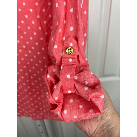 Charter Club Luxury Linen Pink Polka Dot Women's Blouse Roll Tab Sleeves XL - Picture 3 of 6